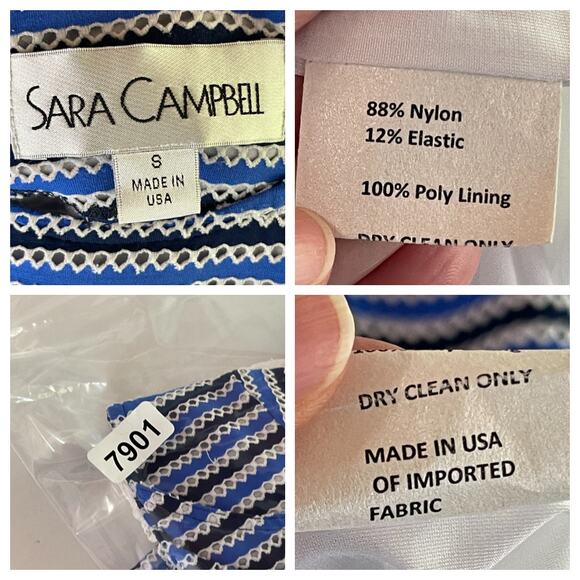 Sara Campbell Striped Eyelet Fringe Dress Sz S Blue Black White Lined Scoop Neck - Picture 12 of 12